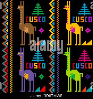 Colorful ethnic pattern with alpaca llamas made of squares on a black background Banque D'Images