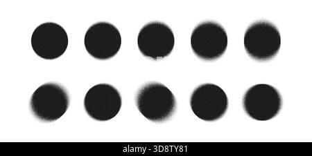 Ensemble de cercles pointillés granuleux avec un dégradé de demi-teinte doux et une texture de bruit. Points ronds abstraits pour l'ombrage, les effets rétro, le style de tatouage, l'aérographe Illustration de Vecteur