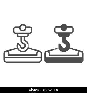 Crochet de grue avec ligne de panier de ciment et icône solide, concept de construction. Graphiques vectoriels. Panneau de seau de ciment montant sur fond blanc, contour St Illustration de Vecteur