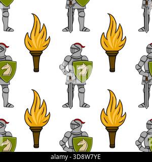 Modèle vectoriel sans couture avec chevaliers médiévaux en armure complète tenant des boucliers avec un emblème de cheval et des torches brûlantes. Illustration de Vecteur