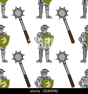 Modèle vectoriel sans couture de chevaliers médiévaux en armure complète tenant des épées et des masses à pointes, avec des boucliers comportant un emblème de cheval. Illustration de Vecteur