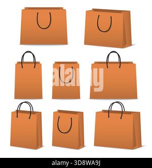 Ensemble de sacs à provisions en papier orange. Sacs à provisions vierges avec poignées de corde dans différentes vues, Collection de sac cadeau blanc pour l'emballage de magasin de détail Illustration de Vecteur
