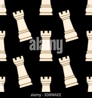 Motif vectoriel sans couture avec des tours d'échecs stylisées de couleur crème sur un fond noir profond, avec inclinaison ludique et orientations variées. Illustration de Vecteur