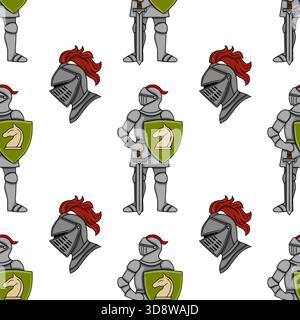 Modèle vectoriel sans couture représentant des chevaliers médiévaux en armure complète avec des boucliers héraldiques, rendus d'une manière stylisée et graphique. Illustration de Vecteur