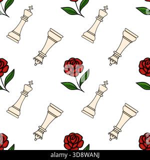 Modèle vectoriel sans couture avec des rois d'échecs blancs élégants et des roses rouges vibrantes avec des feuilles vertes, créant un fond fantaisiste et stratégique. Illustration de Vecteur