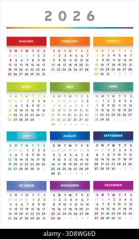 Calendrier 2026 avec des boîtes en couleurs arc-en-ciel 3 colonnes - vecteur anglais Illustration de Vecteur