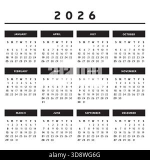Calendrier 2026 avec des boîtes en couleurs noir et blanc 4 colonnes - vecteur anglais Illustration de Vecteur