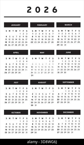Calendrier 2026 avec des boîtes en couleurs noir et blanc 3 colonnes - vecteur anglais Illustration de Vecteur
