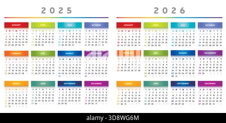 Calendrier 2025 et 2026 avec des boîtes en couleurs arc-en-ciel 4 colonnes - vecteur anglais Illustration de Vecteur