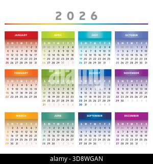 Calendrier 2026 avec des boîtes en couleurs arc-en-ciel 4 colonnes - vecteur anglais Illustration de Vecteur