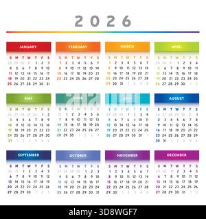 Calendrier 2026 avec des boîtes en couleurs arc-en-ciel 4 colonnes - vecteur anglais Illustration de Vecteur