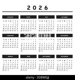 Calendrier 2026 avec des boîtes en couleurs noir et blanc 4 colonnes - vecteur anglais Illustration de Vecteur
