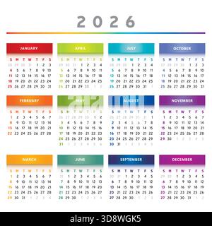 Calendrier 2026 avec des boîtes en couleurs arc-en-ciel 4 colonnes - vecteur anglais Illustration de Vecteur