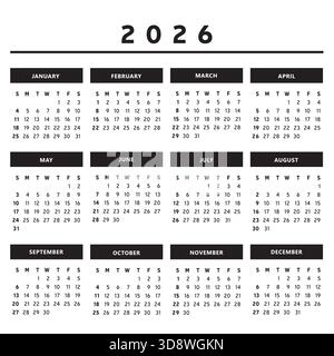 Calendrier 2026 avec des boîtes en couleurs noir et blanc 4 colonnes - vecteur anglais Illustration de Vecteur