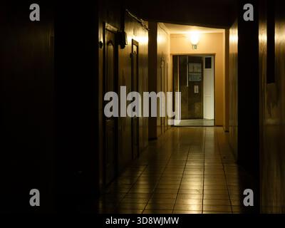 Long couloir étroit créant un sentiment de mystère et de suspense, avec une série de portes fermées sur la gauche et une source lumineuse lointaine éclairant le Banque D'Images