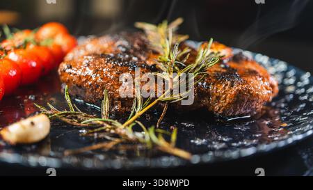 Steak de croupe rare entier servi sur une belle assiette, garni d'ail et de romarin. Vapeur sortant de la viande juteuse avec une croûte dorée. Banque D'Images