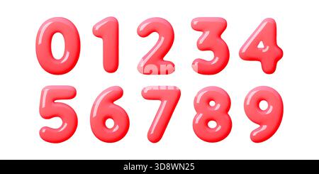 Ludique brillant 3d numéro rouge défini dans un style de ballon lumineux. Doigts gonflés doux avec texture de bonbon brillante. Nettoyer les formes rouges et lisser les formes de nombres 3D. Illustration de Vecteur