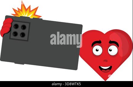 illustration vectorielle émoticône personnage cœur dessin animé, faire une photo selfie avec téléphone portable ou smartphone Illustration de Vecteur