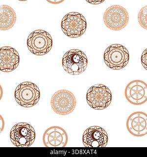 Motif sans couture symboles slaves anciens. Étoile de l'arkgamma, kolovrat, trixel, valknut, croix celtique et autre symbole slave, décoré avec ornement dans une couronne de tissage scandinave Illustration de Vecteur