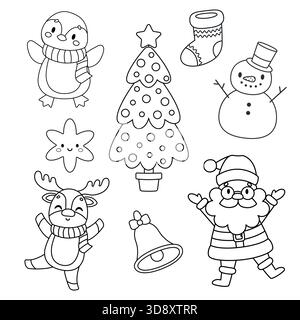 Un ensemble de contours de personnages de Noël de dessin animé mignons. Livre de coloriage. Fond blanc isolé. Illustration vectorielle. Illustration de Vecteur