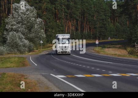 Un gros camion blanc se déplace le long d'une route rurale entourée de forêt, représentant le transport, la logistique, les déplacements et la livraison longue distance. Banque D'Images