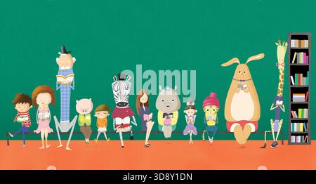 Les gens et les animaux lisent des livres ensemble Banque D'Images