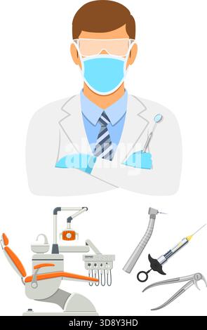 Concept de clinique dentaire avec icônes plates chaise dentiste, médecin dentiste, forceps, seringue à cartouche et outils dentaires. illustration vectorielle isolée Illustration de Vecteur
