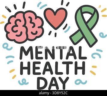 Typographie de la Journée mondiale de la santé mentale avec icônes du cerveau et du cœur Illustration de Vecteur