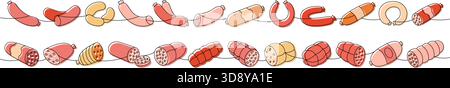 Ensemble de saucisses fumées. Saucisses produits une ligne colorée dessin continu. Illustration vectorielle Illustration de Vecteur