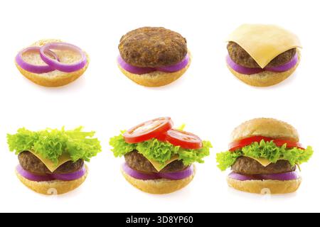 Procédé de fabrication de hamburger, étape par étape isolé sur blanc Banque D'Images