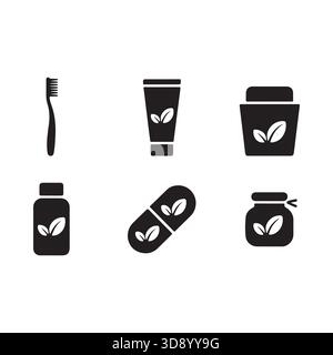 Collection de six icônes simples en noir et blanc représentant des produits d'hygiène personnelle et de santé pour une esthétique propre Illustration de Vecteur