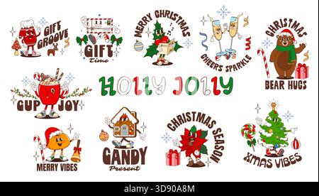 Personnages de Noël hippie y2k groovy autocollants de Noël. Vecteur de dessin animé chantant houx, tasse de cacao et ours, enveloppe festive, mandarine dans le chapeau de Santa, biscuit maison en pain d'épices avec poinsettia et pin Illustration de Vecteur
