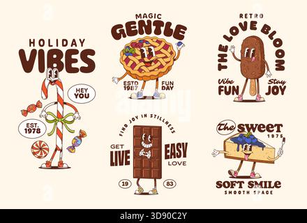 Desserts groovy personnages autocollants et bonbons t-shirt imprimés. Funky rétro mascottes barre de chocolat, cheesecake, canne à bonbons, tarte et popsicle avec des visages amusants de dessins animés. Dessert vectoriel avec ambiance hippie des années 70 Illustration de Vecteur