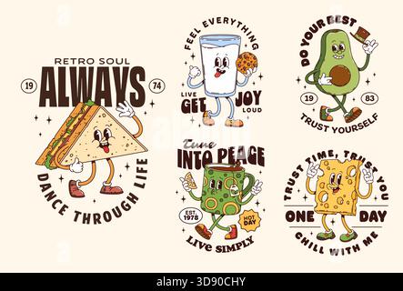 Autocollants de personnages groovy pour le petit déjeuner et imprimés t-shirt. Mascotte de dessin animé rétro sandwich, tasse de thé dansante, tranche de fromage, avocat joyeux et verre de lait avec biscuit. Guillemets positifs vectoriels Illustration de Vecteur