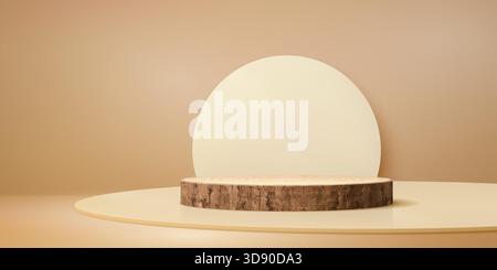Scène de podium sur piédestal en bois avec fond beige. Plate-forme en bois ronde de vecteur avec texture en bois naturel et forme circulaire rustique pour l'affichage du produit. support 3d avec ombre réaliste pour l'annonce Illustration de Vecteur