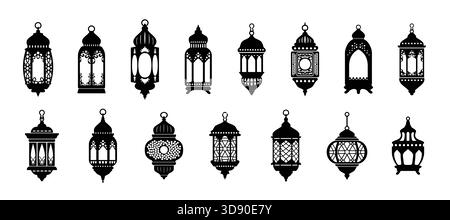 Ramadan Kareem arabe islamique lanterne silhouette. Icônes de lampe traditionnelle Islam pour la culture traditionnelle en vacances eid moubarak. Lanternes marocaines et égyptiennes noires pour accrocher dans la mosquée Illustration de Vecteur