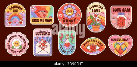 Hippie Love Groovy autocollants, patchs rétro Valentine avec des sourires funky, vecteur de dessin animé. Valentine Y2K amour autocollants de fleur psychédélique Marguerite, groov Illustration de Vecteur