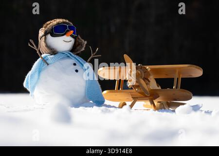 Décorations de Noël bonhomme de neige. Bonhomme de neige dans un paysage enneigé. Bonhomme de neige dans la nature hivernale. Bonhomme de neige avec bannière d'hiver de nez de carotte. Bonhomme de neige à l'extérieur avec Banque D'Images