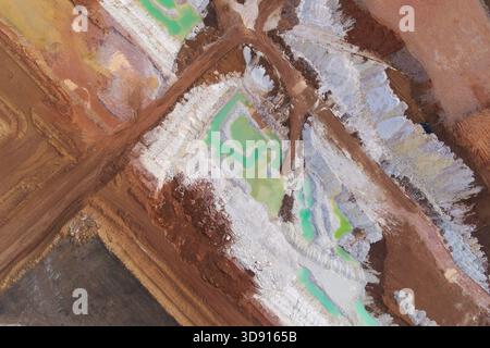 Motif abstrait vif d'une fosse de mine active. Les piscines d'eau chimique vert menthe brillante contrastent fortement avec la roche blanche et la terre brune environnantes, illustrant une pollution industrielle sévère. Banque D'Images