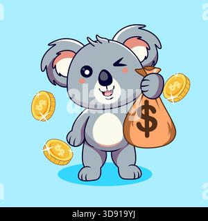 Mignon Koala tenant un sac d'argent et des pièces d'or illustration vectorielle dessin animé Kawaii Illustration de Vecteur