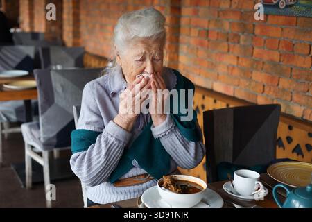 Portrait d'une dame âgée de 90 ans aux cheveux gris dînant dans un restaurant. Soupe, plat principal, thé. Conversation. Banque D'Images