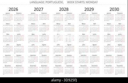 2026, 2026, 2027, 2028, 2029, calendriers portugais de 2030 ans. Ensemble d'illustration vectorielle verticale imprimable pour le Portugal Illustration de Vecteur