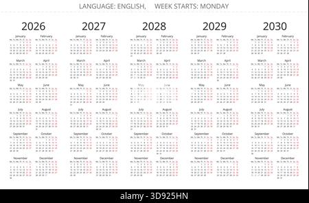 2025, 2026, 2027, 2028, 2029 ans calendriers annuels vectoriels anglais. La semaine commence lundi Illustration de Vecteur