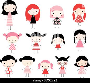 Ensemble mignon avec des figures de bâton vectoriel. Mignonnes filles dans des couleurs rose rouge et noir pour invitations et design graphique. Illustration de Vecteur