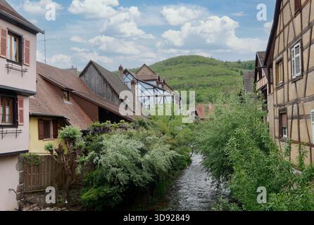 Charmante rue de village européen le long d'un canal étroit avec des maisons à pans de bois et une végétation luxuriante Banque D'Images