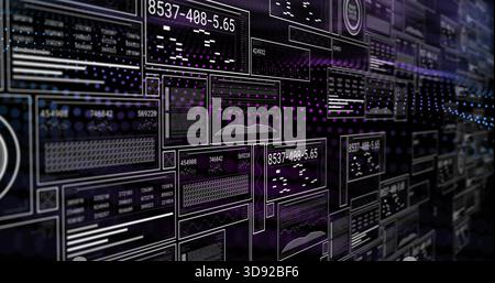 Affichage des panneaux d'interface utilisateur flottants qui s'éloignent directement dans le tableau de bord virtuel, montrant des graphiques linéaires, des ID numériques Banque D'Images
