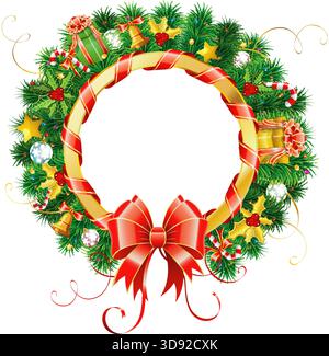 Couronne de Noël et du nouvel an avec cadeau, branches de sapin, Gold Streamer et Candy. Illustration vectorielle sur fond transparent Illustration de Vecteur