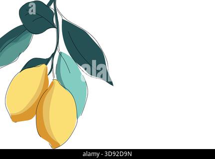 Citrons jaunes abstraits avec des contours noirs et des feuilles vert foncé sur un fond beige. Illustration de Vecteur