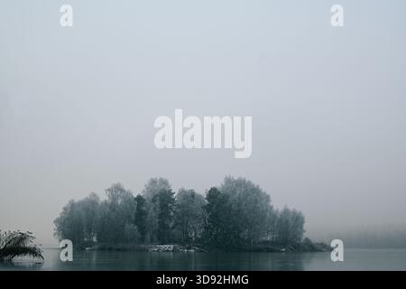 Île d'hiver brumeuse Une île glacée sereine sur un lac calme, enveloppée dans le brouillard du matin, minimaliste et paisible dans des tons froids et désaturés. Banque D'Images