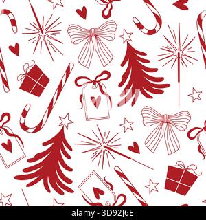 Motif de Noël sans couture dessiné à la main avec arbre de Noël et arc, cadeau et scintillement et étoiles et canne de bonbons de couleur rouge Illustration de Vecteur
